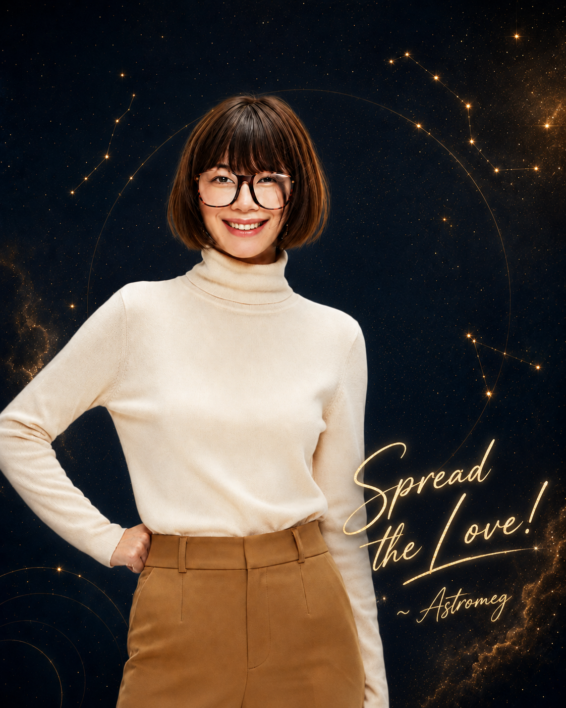 Astromeg founder portrait with Spread the Love signature