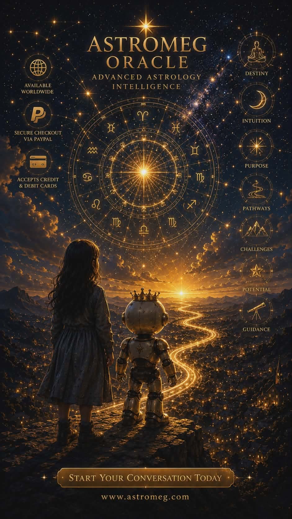 Astromeg Oracle cosmic portal with zodiac wheel and golden path